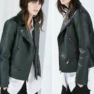 Zara Basics Dark Green Faux Leather Moto Jacket Sz S